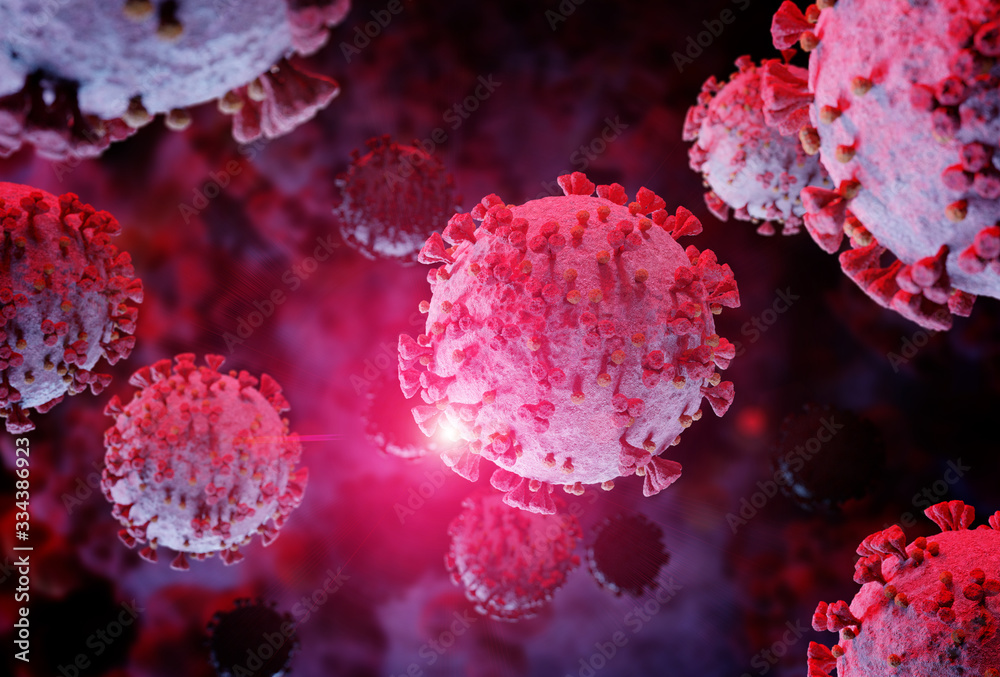 Poster 3d rendering of the coronavirus on a microscopic level. microscope close-up of the covid-19 disease.