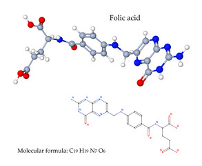 Folic acid - 3d illustration of molecular structure. Also know as Folate or Vitamin B9 is essential for the body to make DNA and RNA and metabolise amino acids which are required for cell division