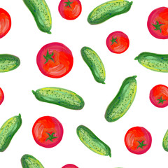 Seamless pattern with tomatoes and cucumbers on a white background. Healthy vegetarian cuisine. Vegetable for salad. Fresh tomatoes and cucumbers are hand-drawn in gouache. For menu, website, covers