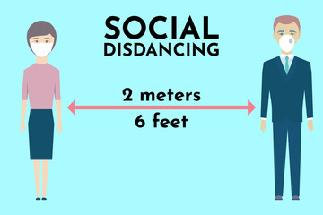 Social Distancing.Businessman and woman wearing surgical face mask keeping distance 2 meters to protect from corona virus diseases (COVID-19). Idea for coronavirus outbreak, prevention and awareness.