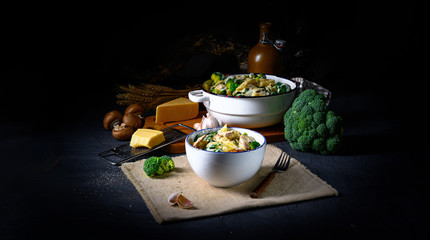 Real pasta with mushrooms, spinach and broccoli