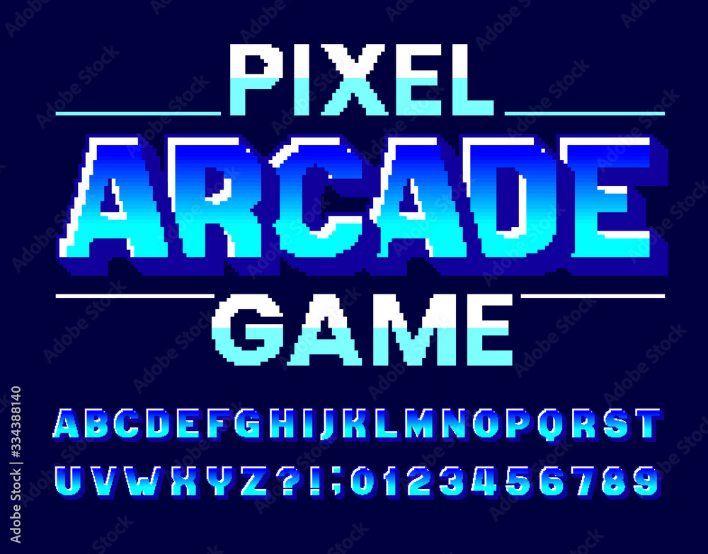 Poster pixel arcade game alphabet font. digital 3d effect letters and numbers. 80s arcade video game typesc