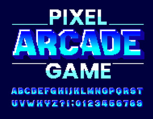 Naklejka na ściany i meble Pixel Arcade Game alphabet font. Digital 3d effect letters and numbers. 80s arcade video game typescript.