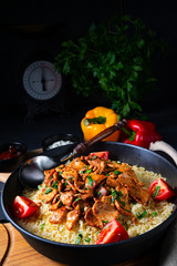 rustic bulgur pans with gratinated gyros and yoghurt