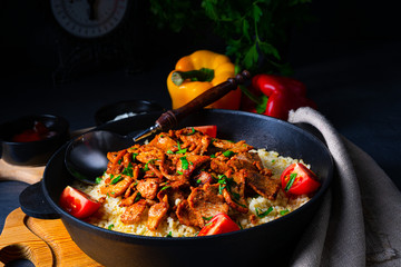 rustic bulgur pans with gratinated gyros and yoghurt