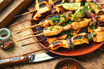 Bbq meat on wooden skewers