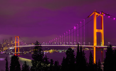 15th July Martyrs Bridge (15 Temmuz Sehitler Koprusu). Istanbul Bosphorus Bridge at night. Istanbul, Turkey..
