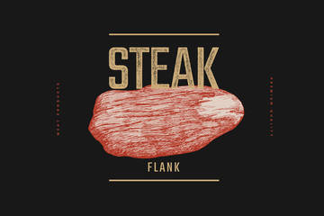 Flank steak vector illustration. Hand-drawn slice of meat tenderloin on black background. Concept of fresh farm products. Design element for menu, flyer, poster of butcher shop, market, restaurant. - obrazy, fototapety, plakaty