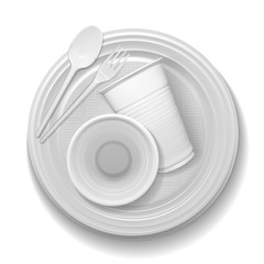 Set of realistic plastic dishes on a white background. Classic white disposable tableware. Realistic vector 3D illustration in EPS10 format.