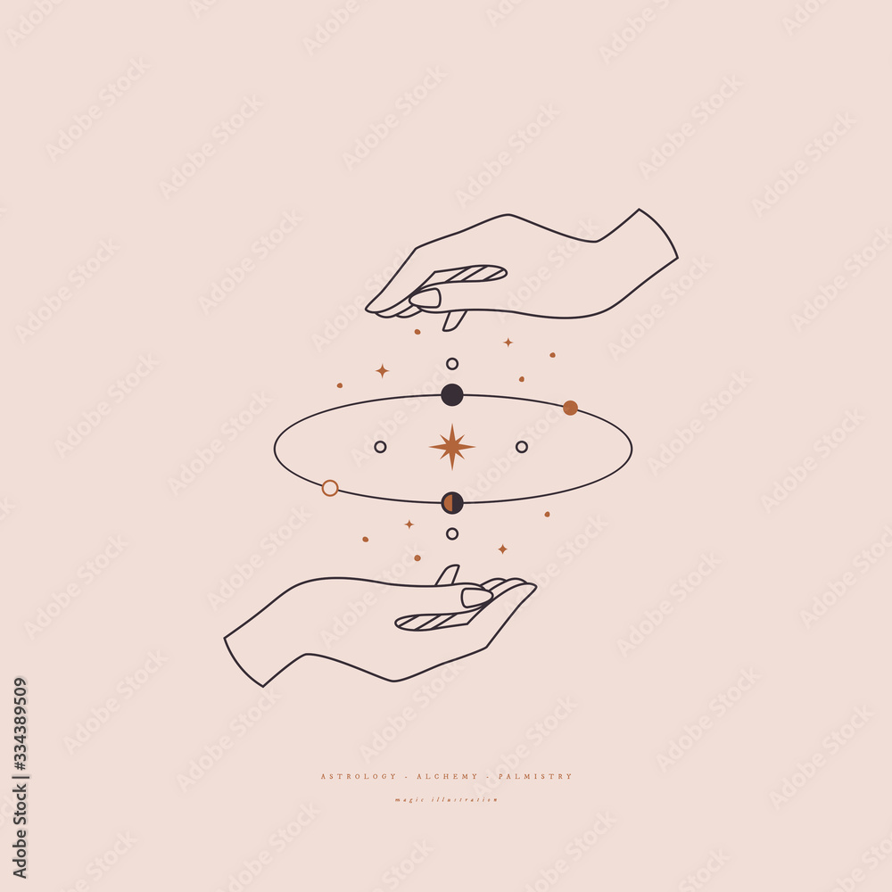 Poster Mystical composition with hands, stars, orbits of planets on a light background. Boho style and esoterics. Ethnic magic and astrological symbols. Vector illustration.