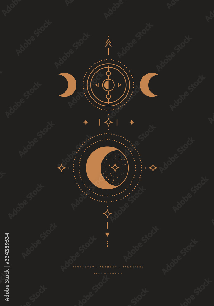 Poster mystical composition with a crescent and stars on a dark background. boho style and esoteric. ethnic