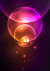 Glowing neon shiny transparent bubbles, glass circles or bio cell concept. Techno futuristic vector abstract background For Wallpaper, Banner, Background, Card, Book Illustration, landing page
