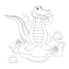 Cute cartoon alligator. Black and white vector illustration for coloring book