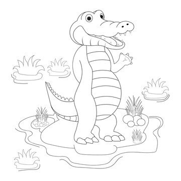Cute cartoon alligator. Black and white vector illustration for coloring book