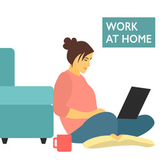 Woman sitting with laptop on the floor and working, hands typing a message in social network. Work at home concept vector illustration on white background. People work from home using computer.