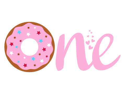 One year girl. Little girl's birthday. First year celebration, one donuts Printable. Vector illustration. Can be used as baby first birthday card.
