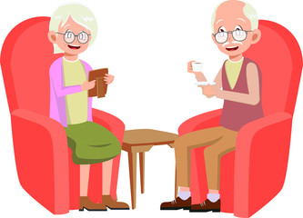 Grandmother and grandfather are relaxing together on their sofa vector illustration