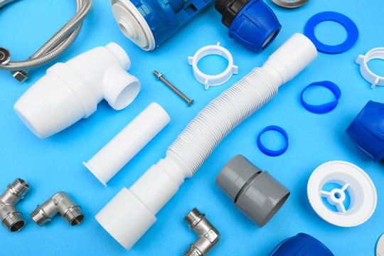 Details siphon kitchen sink on blue  background  - Image