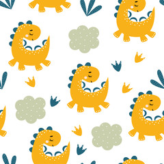 Childish seamless pattern with yellow dinosaurs on a white background. Funny cartoon dino seamless pattern. Hand drawn children's pattern for fashion clothes, shirt, fabric.