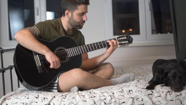 boy alone at home, but with a nice smile, plays the guitar, sitting on the bed, beside his dog, in front of a bright window, in which you can see the city