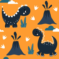 Seamless pattern with dinosaurs and volcano on a yellow background. Funny cartoon dino seamless pattern. Dinosaur pattern vector. Hand drawn children's pattern for fashion clothes, shirt, fabric.