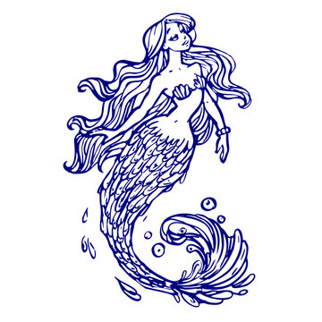 Cute young Mermaid with long hair. Ink sketch, hand drawn stock vector illustration on white background. Design for tattoo, coloring book page