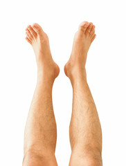 Obraz premium The feet of men raised on a separate white background