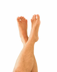 The feet of men raised on a separate white background