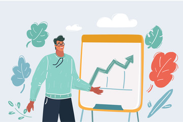 Man presenting a graph on flip-chart. Close up human character