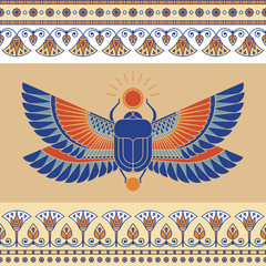 Colorful illustration of the Egyptian scarab beetle, personifying the god Hepri with seamless horizontal patterns. 