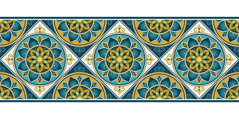 Tile border pattern vector seamless. Ceramic vintage ornament texture. Portugal azulejos, spanish mosaic, mexican talavera, sicily italian majolica, moroccan, damask, turkish arabesque motifs. - 334392775