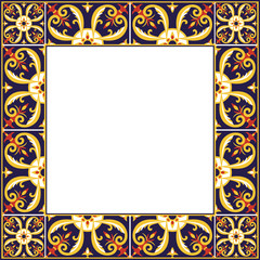 Tile frame vector. Border ceramic pattern. Ornamental damask decor ornament design. Mexican talavera, italian sicily majolica, portuguese azulejos, spanish mosaic motifs.