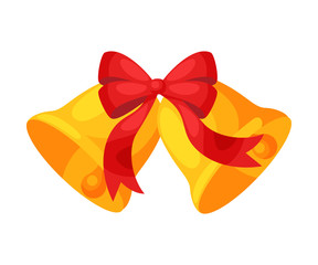 Golden Bells with Red Bow, Christmas and New Year Symbol, Traditional Holiday Decoration Vector Illustration