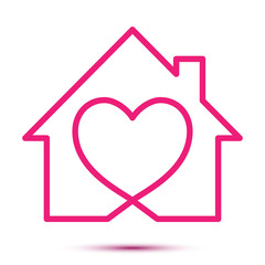 Home love heart logo - Business corporate logo. Handmade lettering print. Vector illustration with hearts, roof and chimney. Simple icon of house with heart shape within. House line art shape.