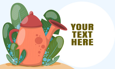 Cartoon brochure with watering can and green plants. Flat web page design, summer nature templates. Gardening Vector illustration