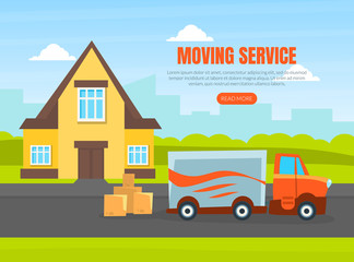 Obraz na płótnie Canvas Moving Service Landing Page Template, Delivery Van on City Street, Delivery Service Car, Shipping Transport Vector Illustration