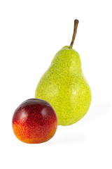 ripe juicy plum and yellow pear isolated on white background