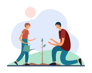 Father and son planting tree. Flat vector illustration