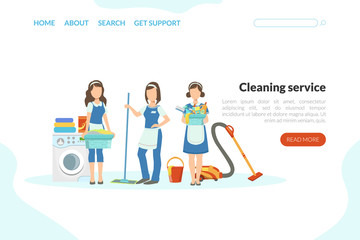 Cleaning Service Landing Page Template, Professional Workers Characters with Cleaning Tools Web Page, Mobile App, Homepage Vector Illustration