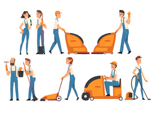 Cleaning Company Staff Collection, Professional Cleaning People Vacuuming, Washing, Sweeping, Mopping the Floor, Male and Female Workers Characters Dressed in Uniform Vector Illustration
