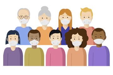 Obraz premium set of people of different nationalities and ages in medical masks: with a filter, without a filter, gauze. Protect yourself from the virus. COVID-19 pandemic