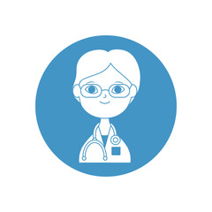 cartoon doctor with glasses and stethoscope icon, block style