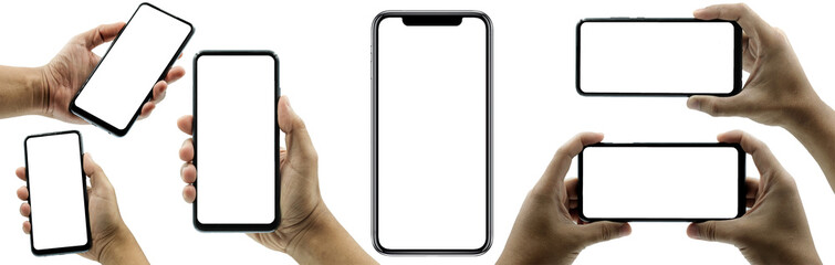 Studio shot of Smartphone iphoneX with blank white screen for Infographic Global Business Marketing investment Plan, mockup model similar to iPhone 11 Pro Max - Clipping Path