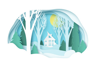 Winter paper landscape with house. Snowy forest with trees without leaves and fir trees. Snowdrifts, snow, sunny day. Glade. Vector