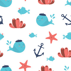 Cute underwater seamless pattern Sea animals whale, fish, anchor coral. Sea life background Kids fabric textile design endless pattern
