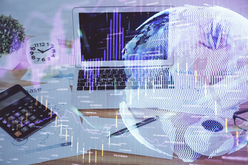 Multi exposure of forex chart and work space with computer. Concept of international online trading.