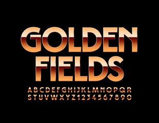 Fototapeta na wymiar Vector chic logo Golden Fields. Shiny premium font. Elite Alphabet Letters and Numbers