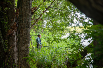 Fisherman stands in tall grass view between trees