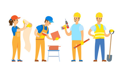 Man and woman workers holding wallpaper, tile and shovel, drill and ruler, renovation teamwork, smiling builders in gloves and helmet, repair vector