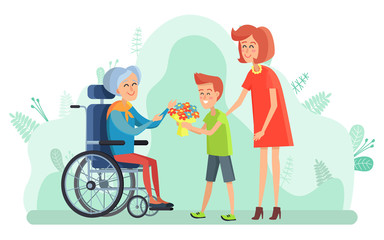 Small kid giving flowers to senior lady sitting on wheelchair vector. Mother with child taking care for old person disabled character. Boy with bouquet